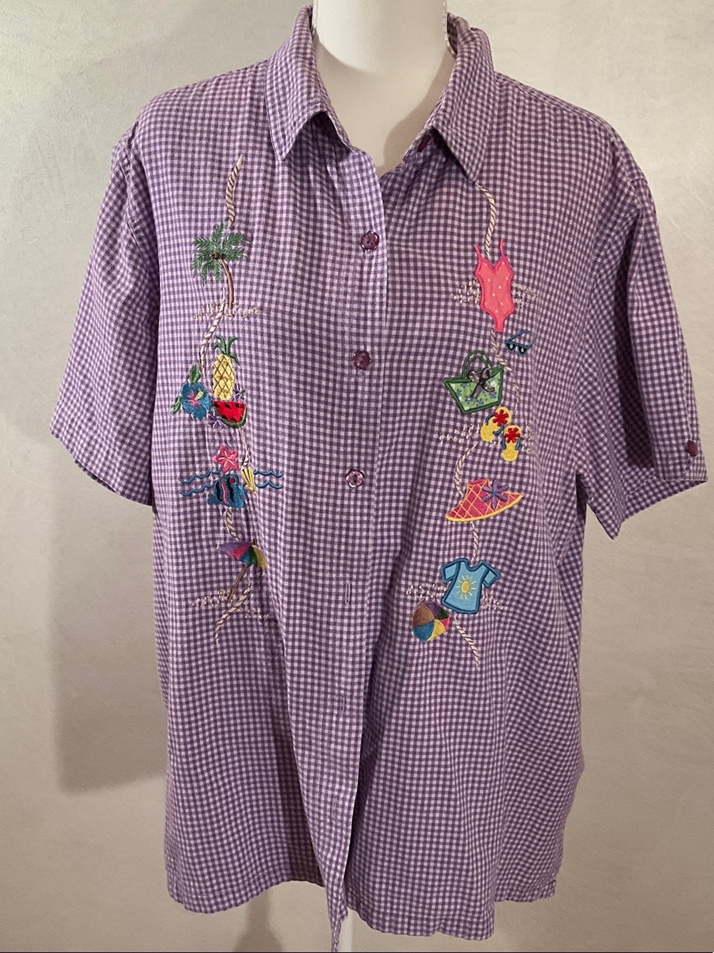 Bobbie Brooks purple Gingham short sleeve Button-Down Shirt w/summer Embroidery